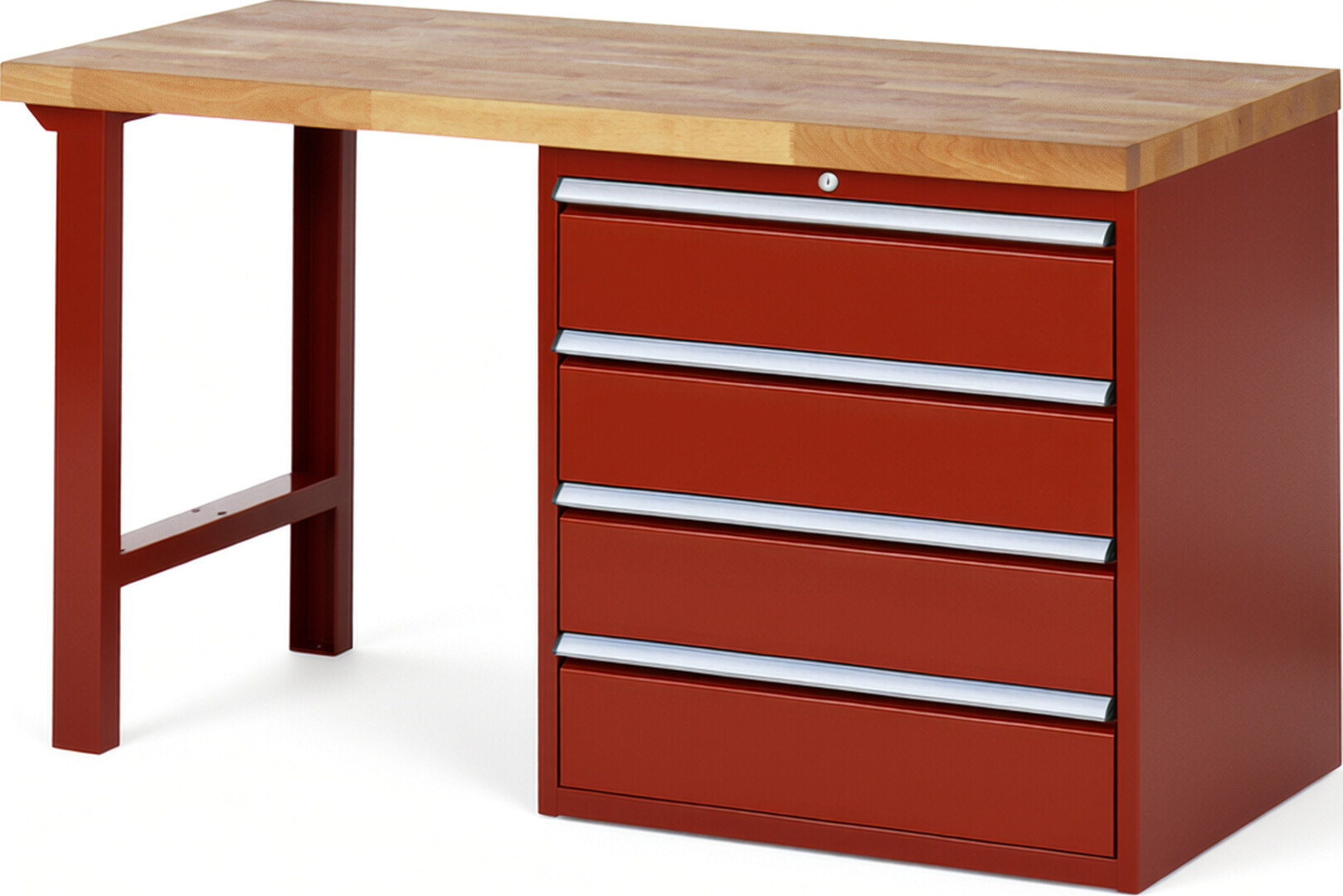 Werkbank Modell 7609 rot, BxTxH 1500x700x890 mm,  Buche-Massiv Arbeitsplatte 40 mm,  4 Schubladen mit  Auszug 90 %