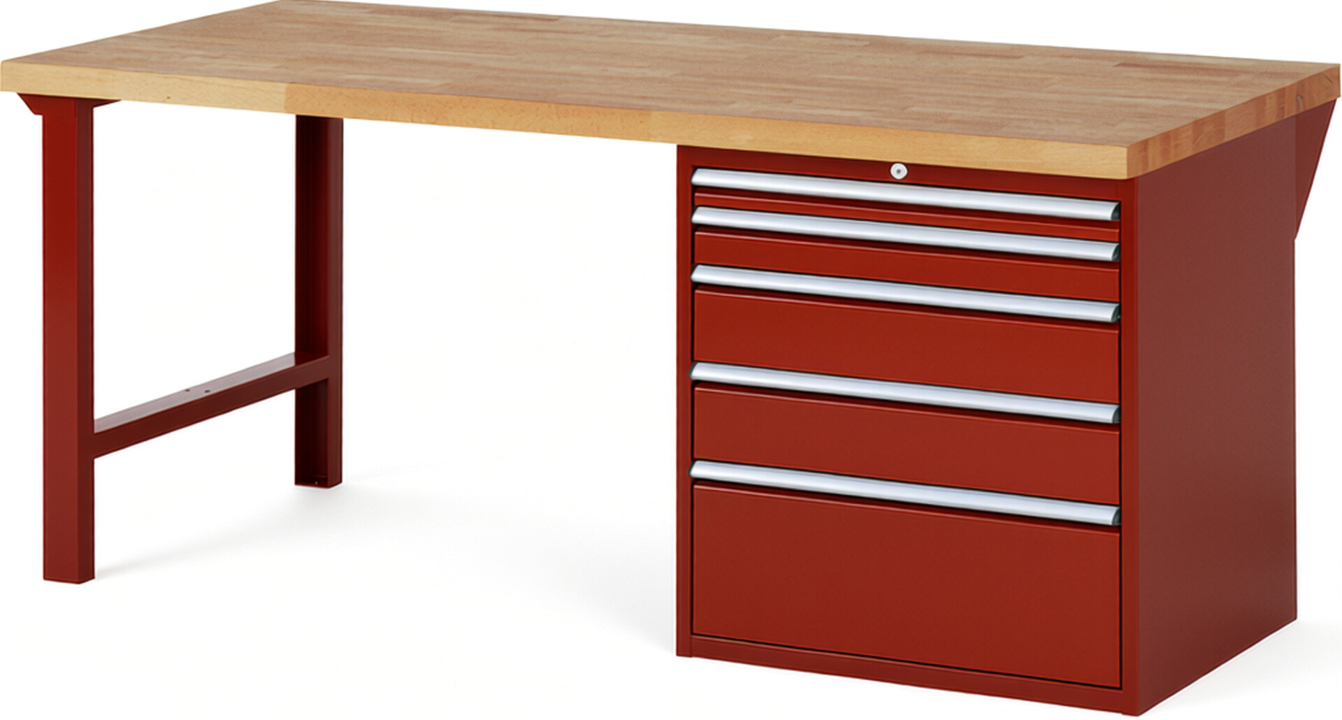 Werkbank Modell 7611 rot, BxTxH 2000x900x890 mm,  Buche-Massiv Arbeitsplatte 40 mm,  5 Schubladen mit  Auszug 90 %