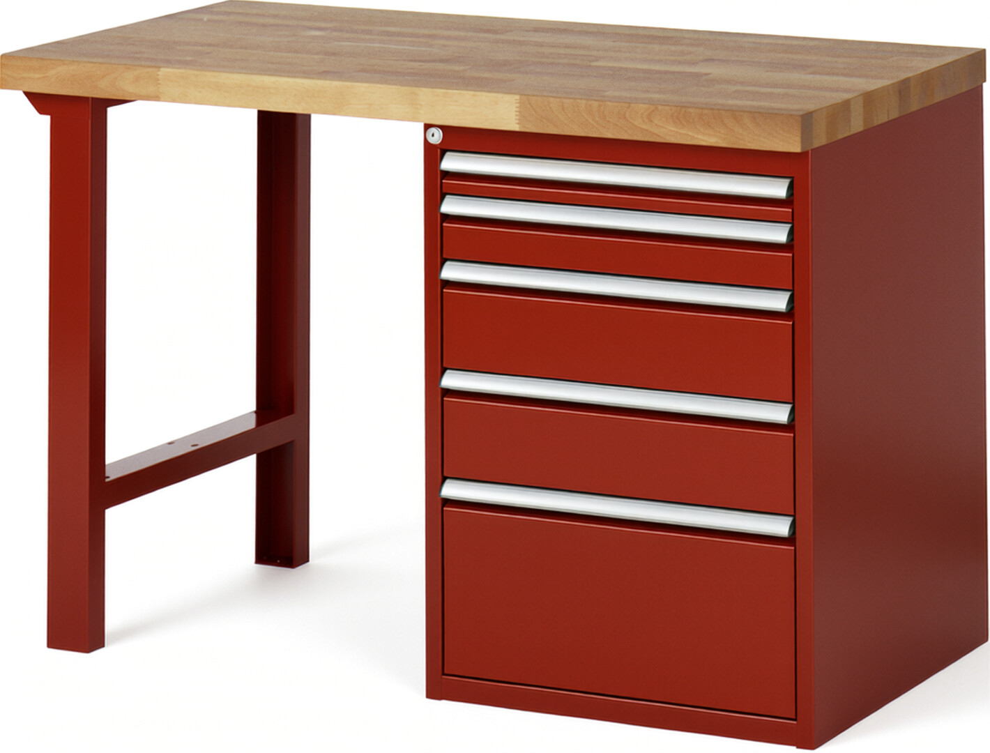 Werkbank Modell 7511 rot, BxTxH 1250x700x890 mm,  Buche-Massiv Arbeitsplatte 40 mm,  5 Schubladen mit  Auszug 90 %