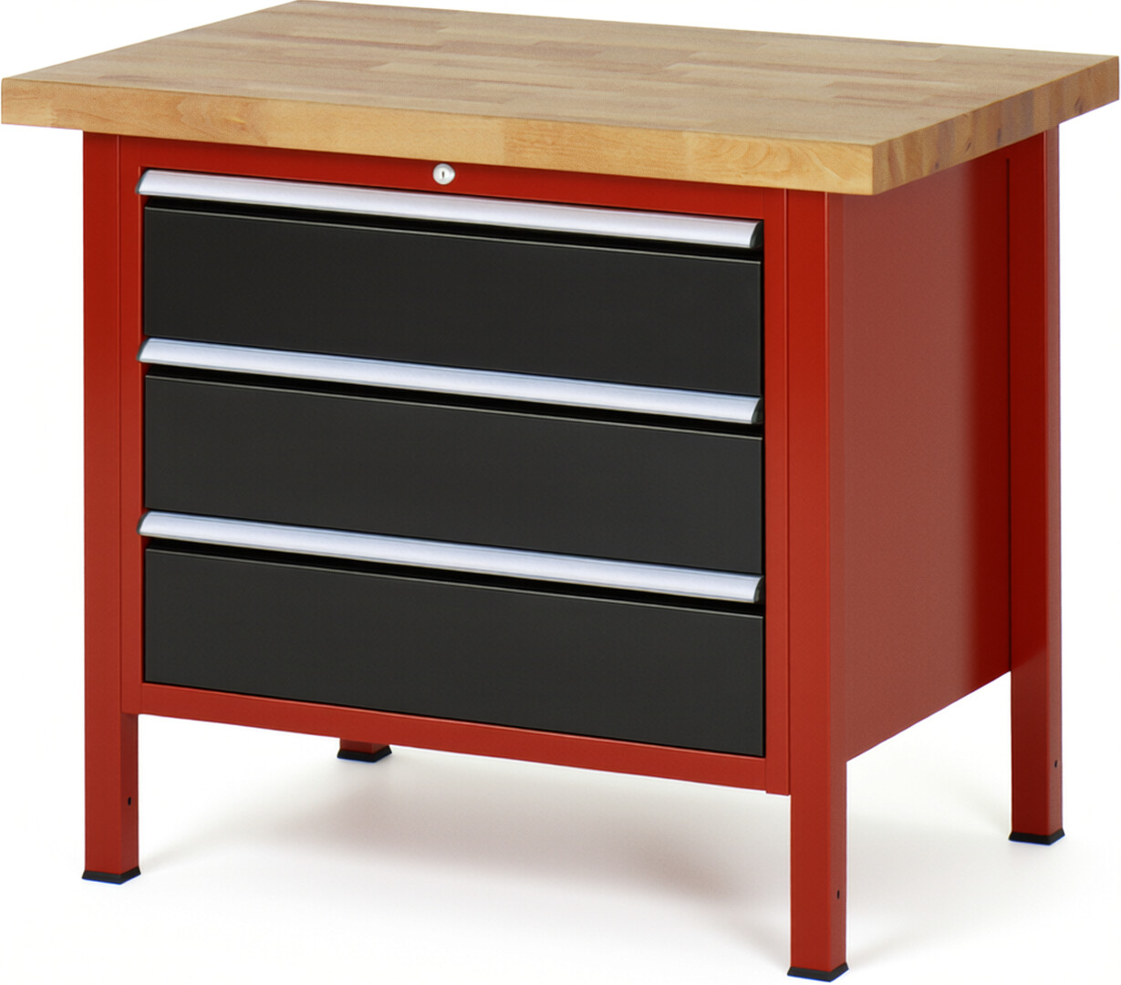 Werkbank Modell 8257 rot - schwarz, BxTxH 1000x700x840 mm,  Buche-Massiv Arbeitsplatte 40 mm,  3 Schubladen mit  Vollauszug 100 % und  SoftClosing