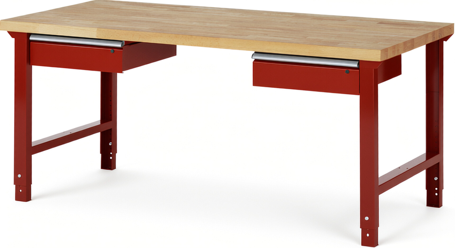 Werkbank Modell 7002 rot, BxTxH 2000x900x790-1140 mm,  Buche-Massiv Arbeitsplatte 40 mm,  2 Schubladen mit  Auszug 90 %