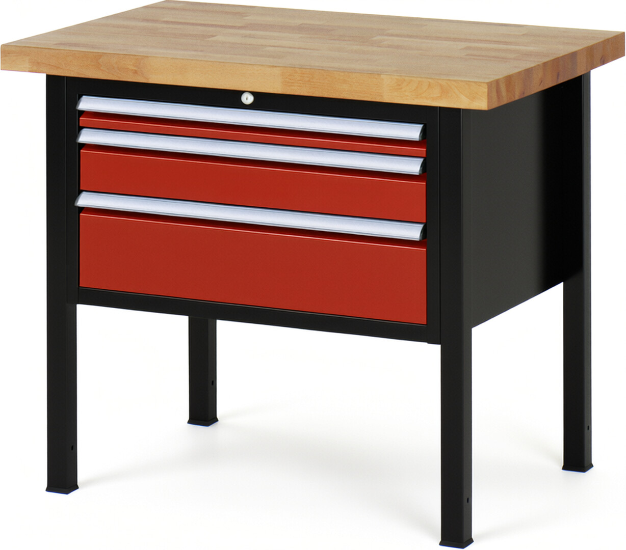 RAU Werkbank schwarz - rot - Breite 100 cm - Tiefe 70 cm - Höhe 104 cm - Buche-Massiv Arbeitsplatte 40 mm