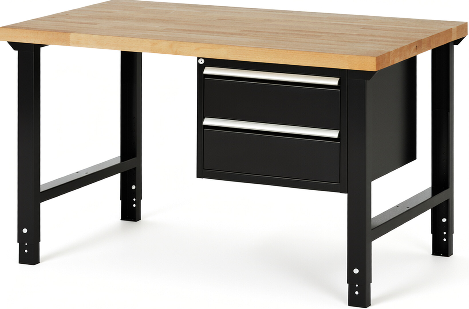 Werkbank Modell 7125 schwarz, BxTxH 1500x900x790-1140 mm,  Buche-Massiv Arbeitsplatte 40 mm,  2 Schubladen mit  Vollauszug 100 % und  SoftClosing