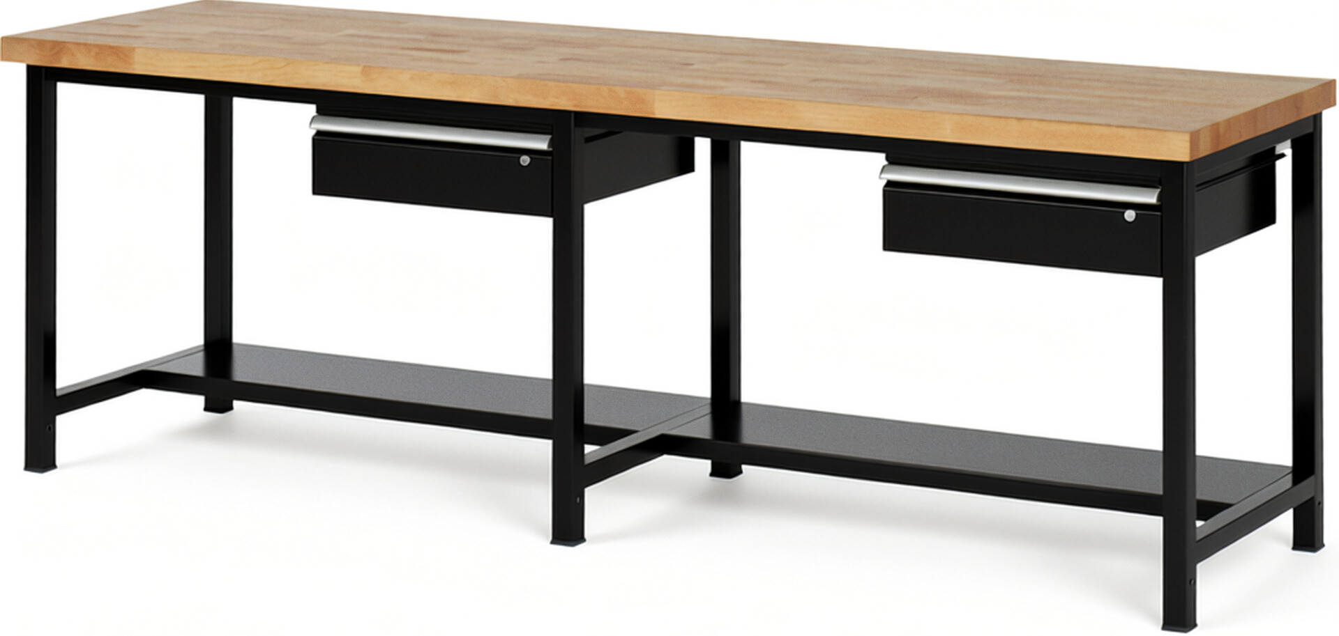 Werkbank Modell 8001 schwarz, BxTxH 2500x700x840 mm,  Buche-Massiv Arbeitsplatte 40 mm,  2 Schubladen mit  Auszug 90 %