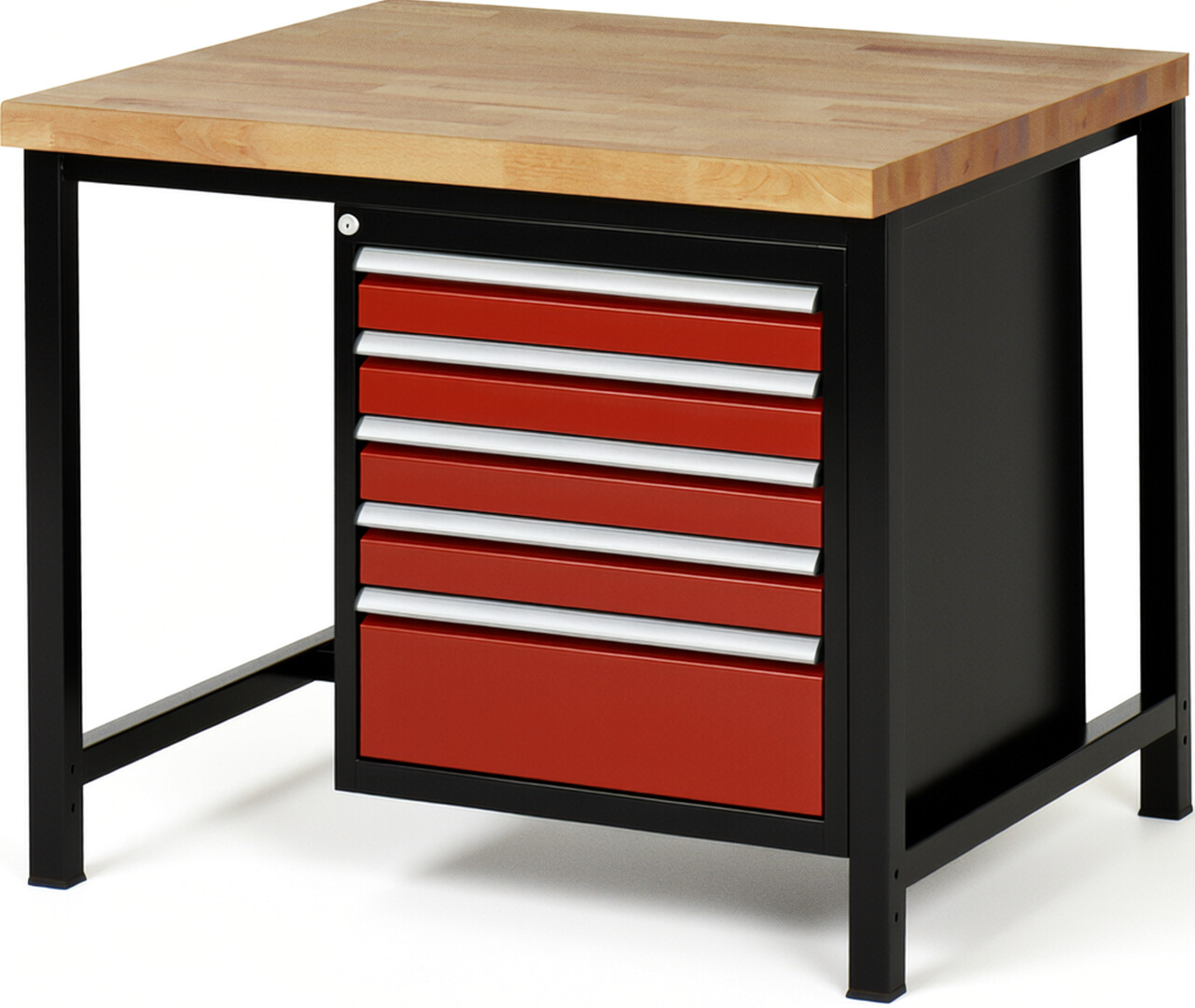 RAU Werkbank schwarz - rot - Breite 100 cm - Tiefe 90 cm - Höhe 104 cm - Buche-Massiv Arbeitsplatte 40 mm