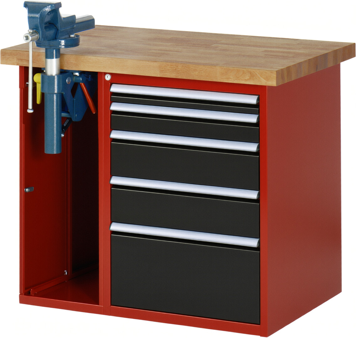 Werkbank Modell 7511 rot - schwarz, BxTxH 1000x700x890 mm,  Buche-Massiv Arbeitsplatte 40 mm,  5 Schubladen mit  Auszug 90 %