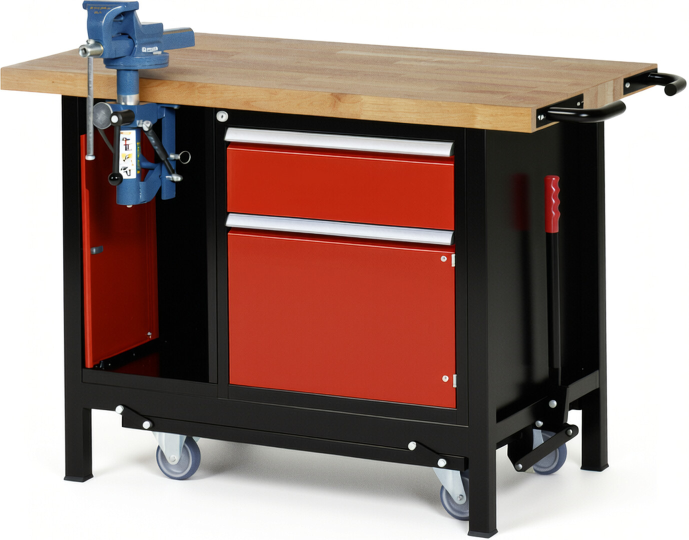 RAU Werkbank schwarz - rot - Breite 125 cm - Tiefe 70 cm - Höhe 88 cm - Buche-Massiv Arbeitsplatte 40 mm
