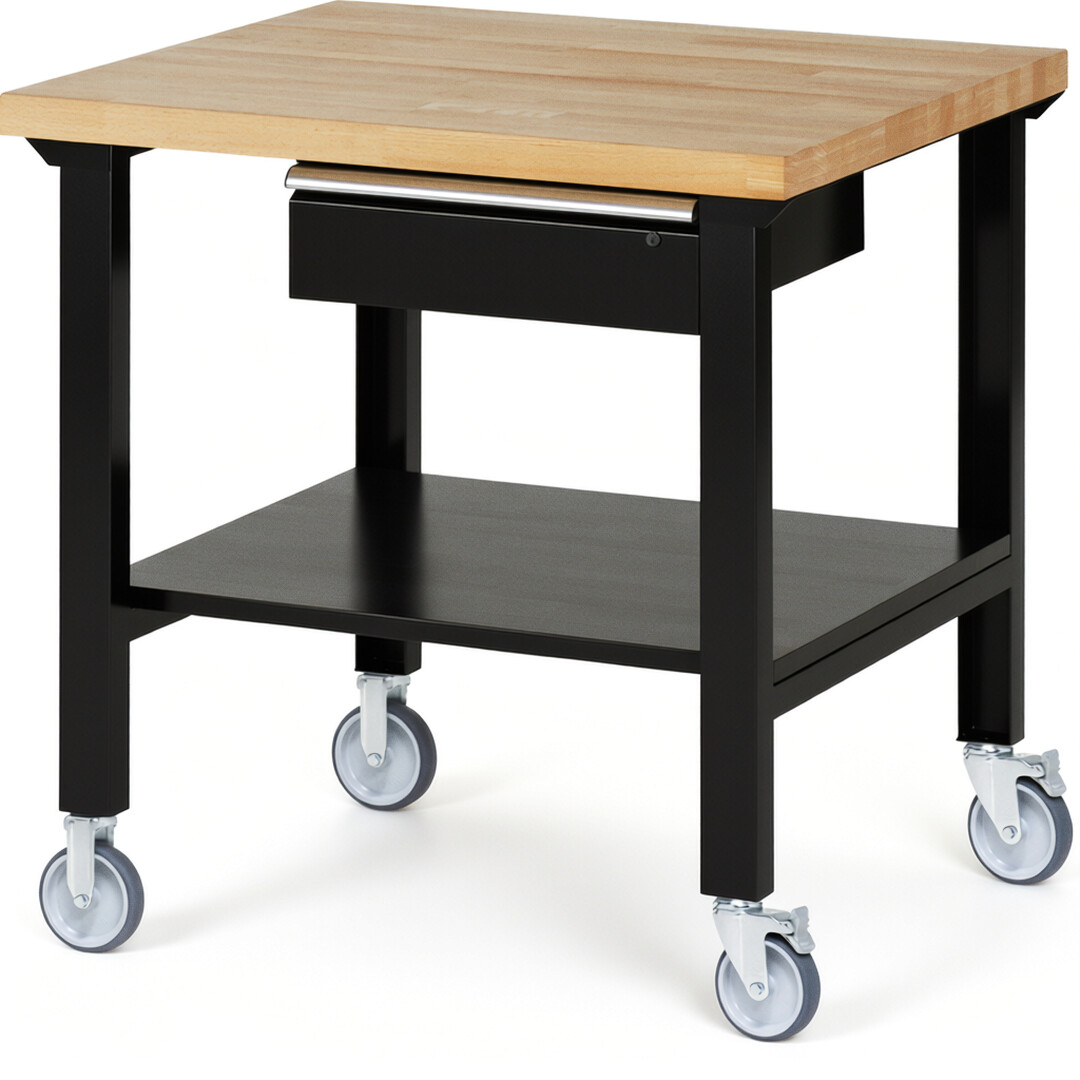 Fahrbare Werkbank Modell 7001 schwarz, BxTxH 1000x900x1000 mm,  Buche-Massiv Arbeitsplatte 40 mm,  1 Schublade mit  Auszug 90 %