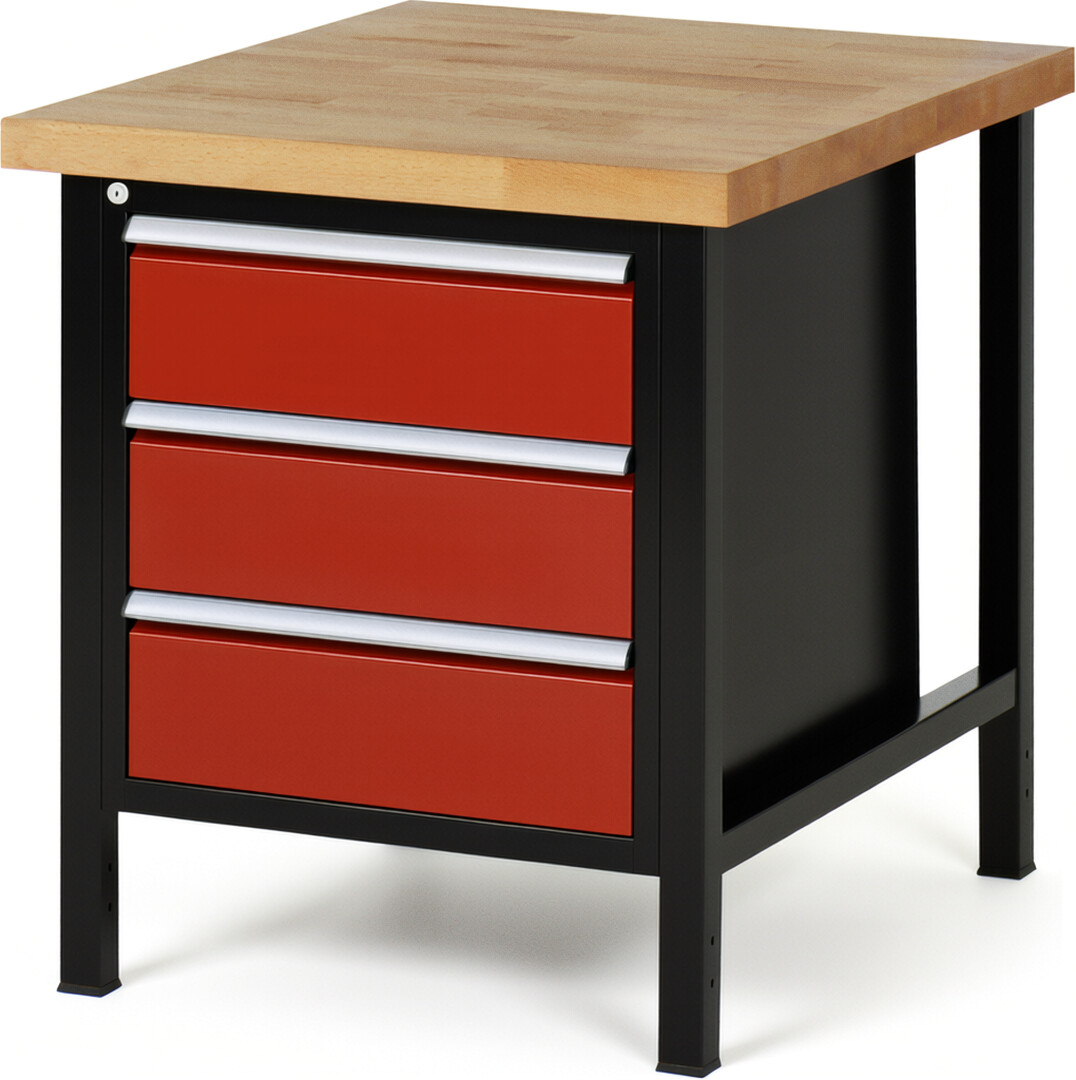 RAU Werkbank schwarz - rot - Breite 75 cm - Tiefe 90 cm - Höhe 104 cm - Buche-Massiv Arbeitsplatte 40 mm