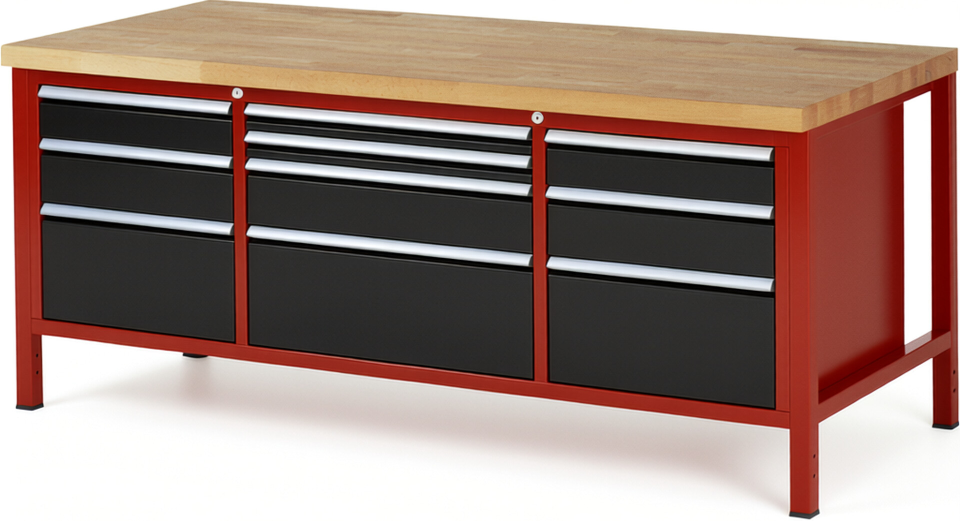 Werkbank Modell 8756 rot - schwarz, BxTxH 2000x900x840-1040 mm,  Buche-Massiv Arbeitsplatte 40 mm,  10 Schubladen mit  Vollauszug 100 % und  SoftClosing