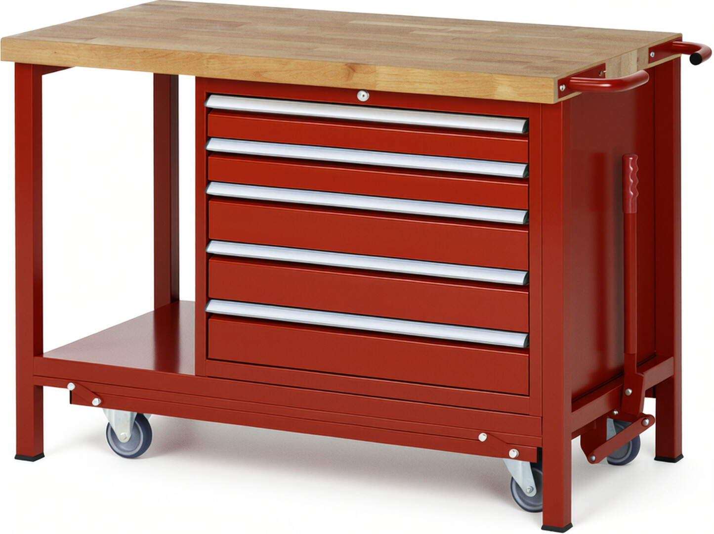 Absenkbare Werkbank Modell 8271 rot, BxTxH 1250x700x880 mm,  Buche-Massiv Arbeitsplatte 40 mm,  5 Schubladen mit  Vollauszug 100 % und  SoftClosing