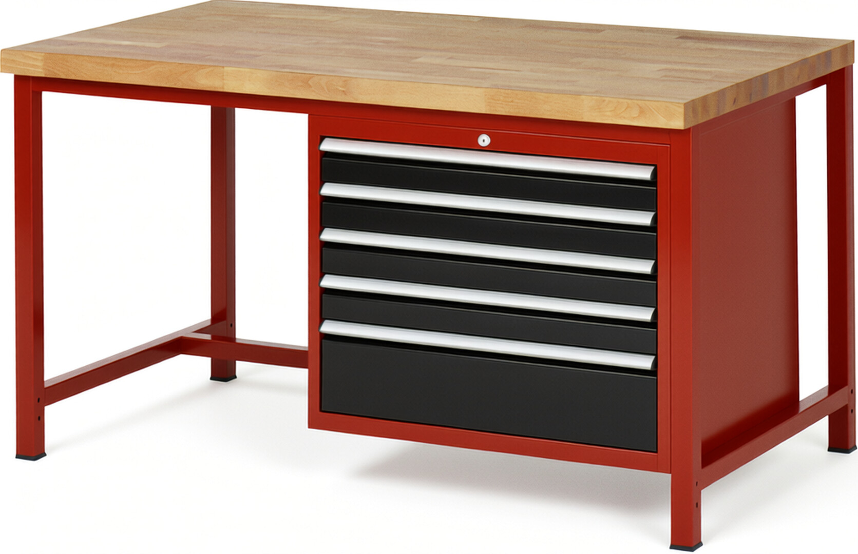 Werkbank Modell 8268 rot - schwarz, BxTxH 1500x900x840 mm,  Buche-Massiv Arbeitsplatte 40 mm,  5 Schubladen mit  Vollauszug 100 % und  SoftClosing