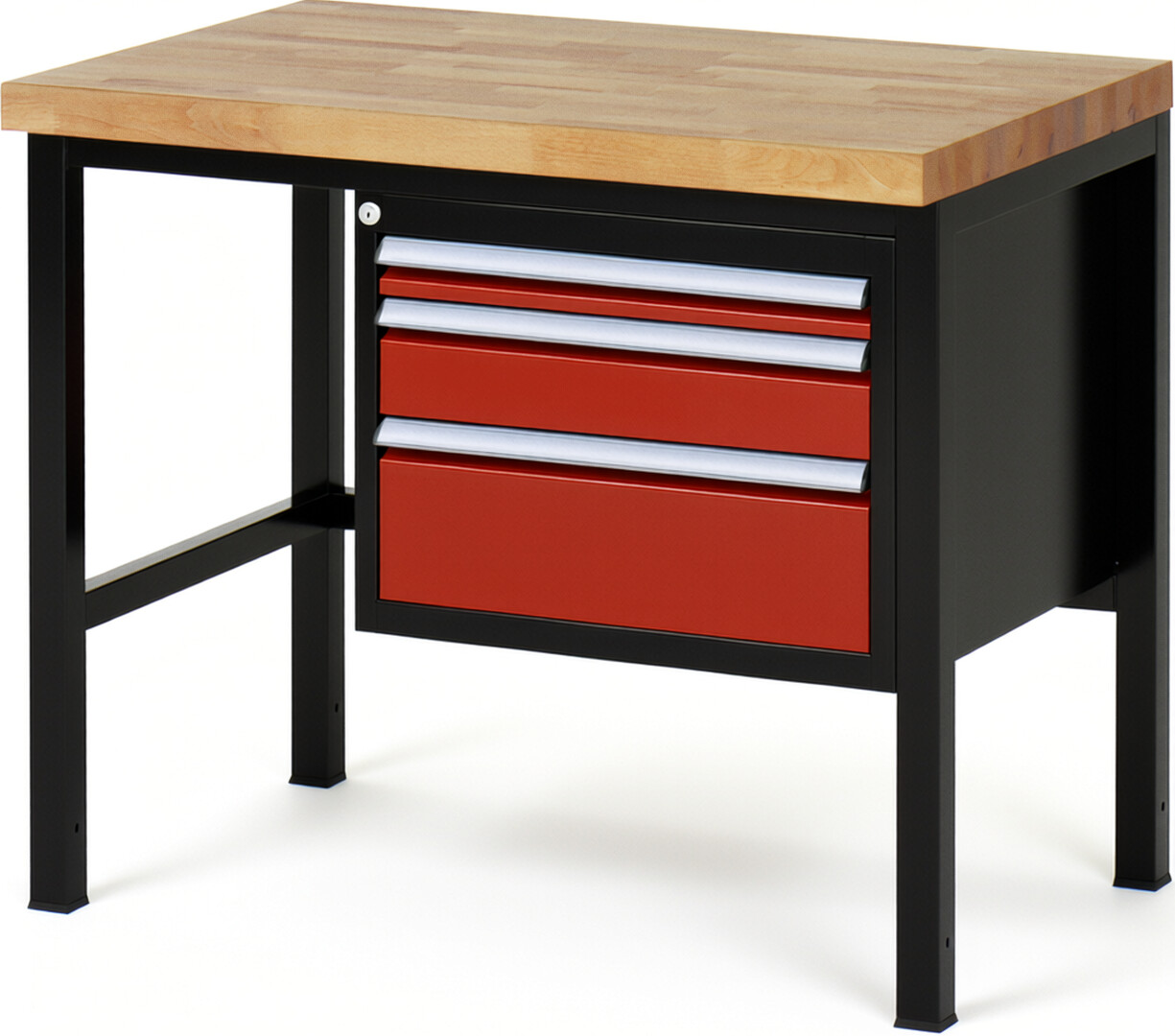 RAU Werkbank schwarz - rot - Breite 100 cm - Tiefe 70 cm - Höhe 104 cm - Buche-Massiv Arbeitsplatte 40 mm