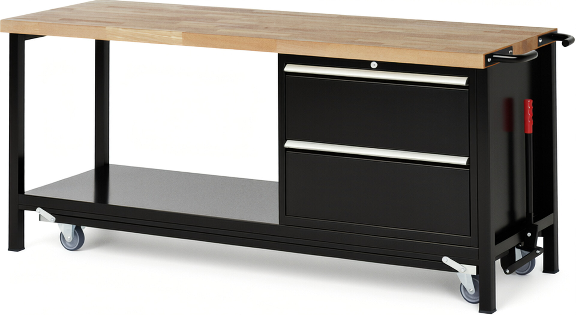 Absenkbare Werkbank Modell 8255 schwarz, BxTxH 2000x700x880 mm,  Buche-Massiv Arbeitsplatte 40 mm,  2 Schubladen mit  Auszug 90 %