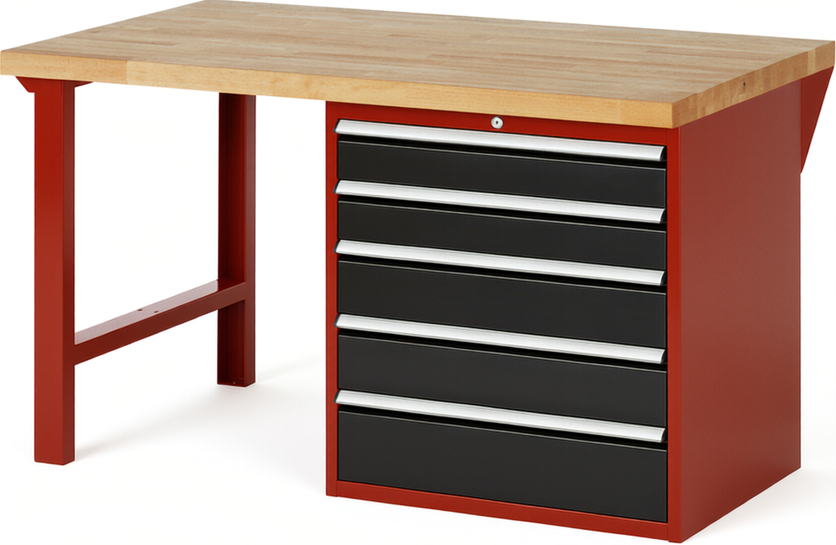 Werkbank Modell 7613 rot - schwarz, BxTxH 1500x900x890 mm,  Buche-Massiv Arbeitsplatte 40 mm,  5 Schubladen mit  Vollauszug 100 % und  SoftClosing