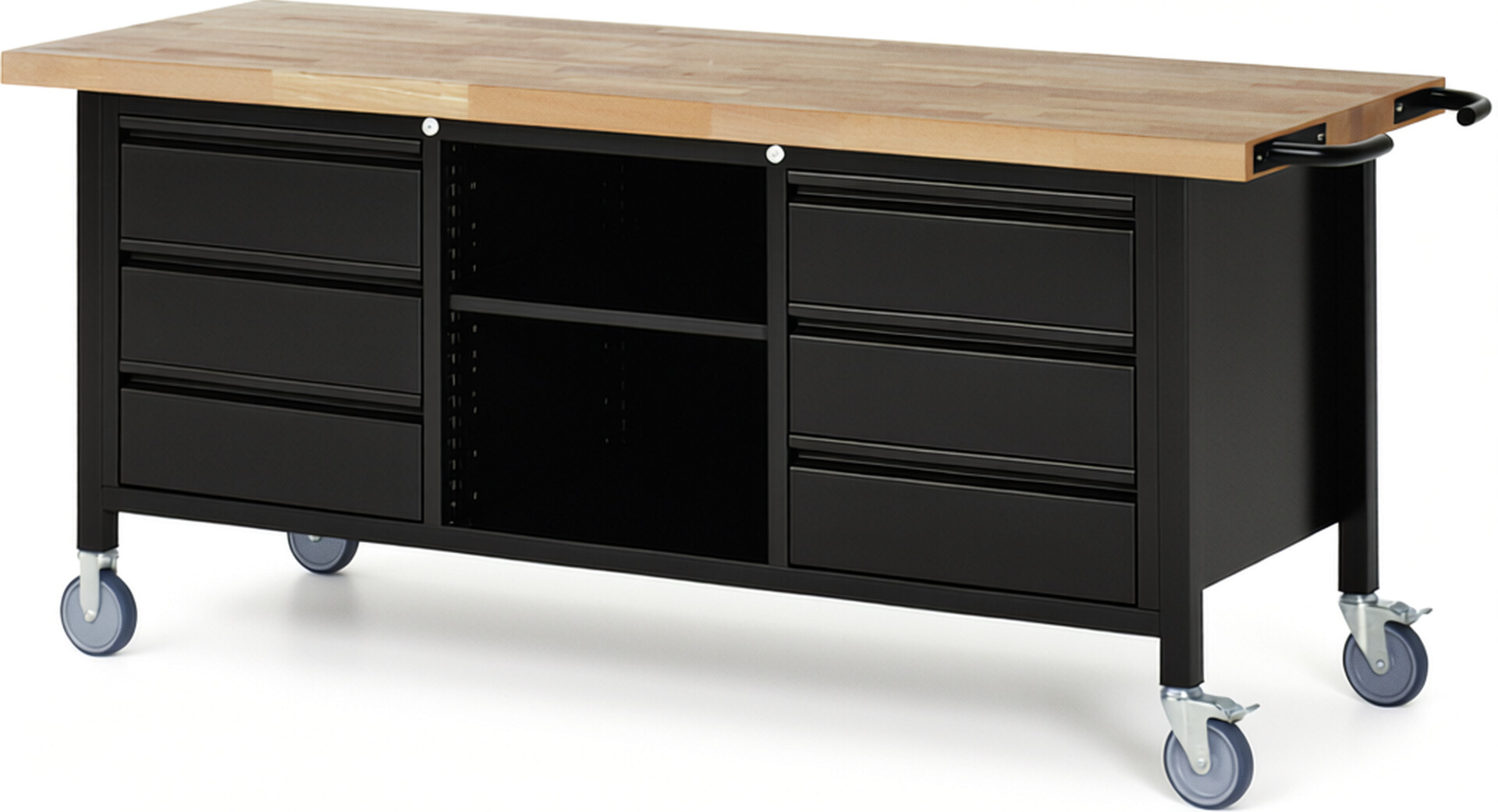 Fahrbare Werkbank - Modell 8581 BASIC schwarz, BxTxH 2000x700x880 mm,  Buche-Massiv Arbeitsplatte 40 mm,  6 Schubladen mit  Auszug 90 %