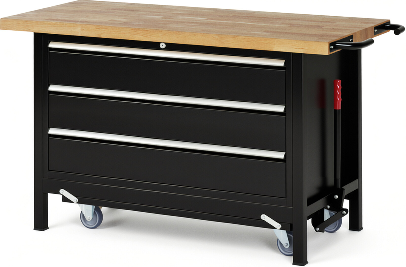 Absenkbare Werkbank Modell 8357 schwarz, BxTxH 1500x700x880 mm,  Buche-Massiv Arbeitsplatte 40 mm,  3 Schubladen mit  Vollauszug 100 % und  SoftClosing