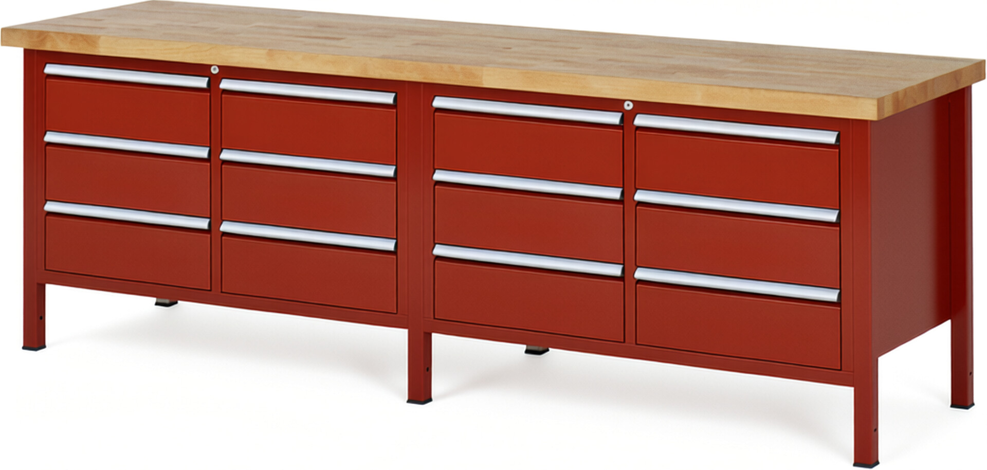Werkbank Modell 8473 rot, BxTxH 2500x700x840-1040 mm,  Buche-Massiv Arbeitsplatte 40 mm,  12 Schubladen mit  Vollauszug 100 % und  SoftClosing