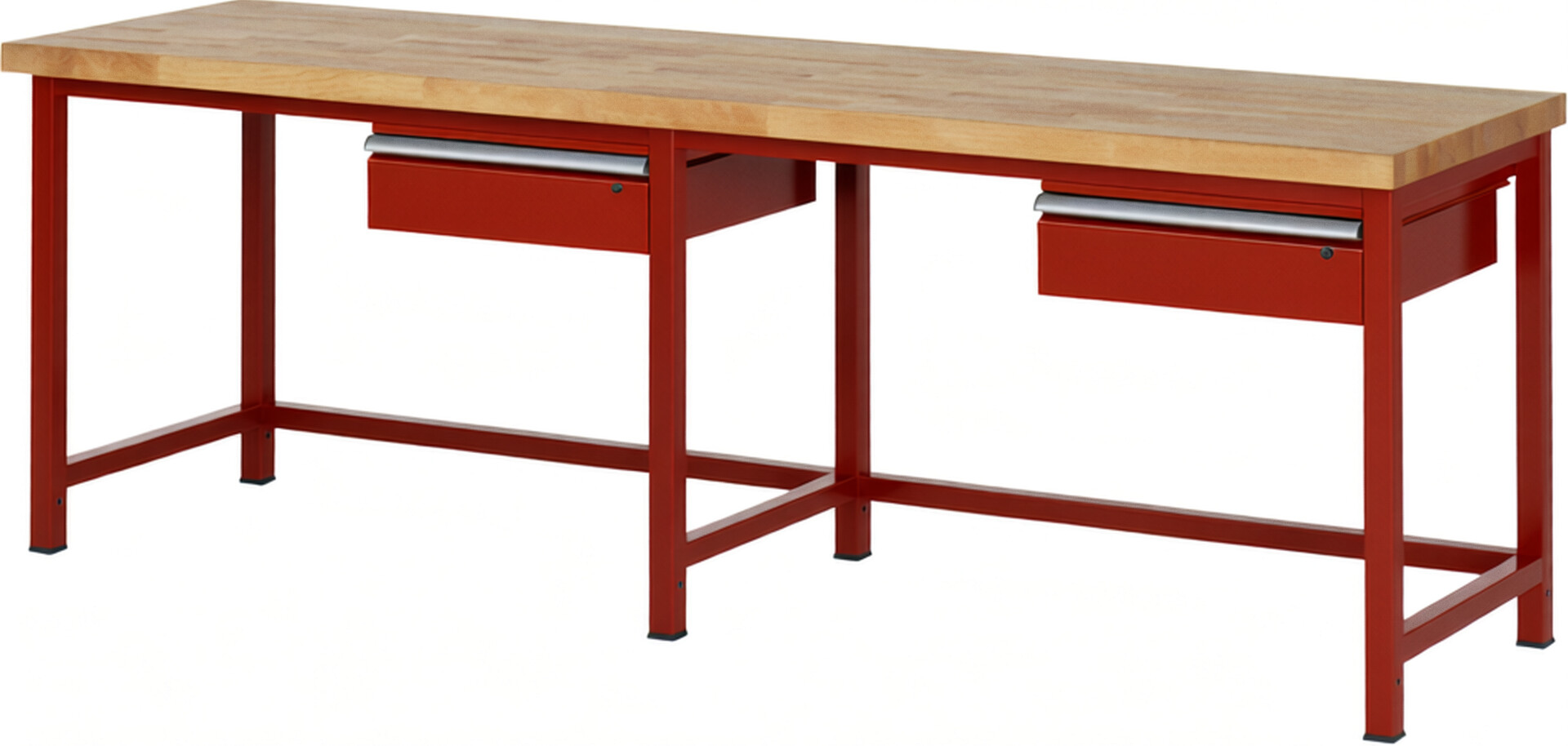 RAU Werkbank rot - Breite 250 cm - Tiefe 70 cm - Höhe 104 cm - Buche-Massiv Arbeitsplatte 40 mm