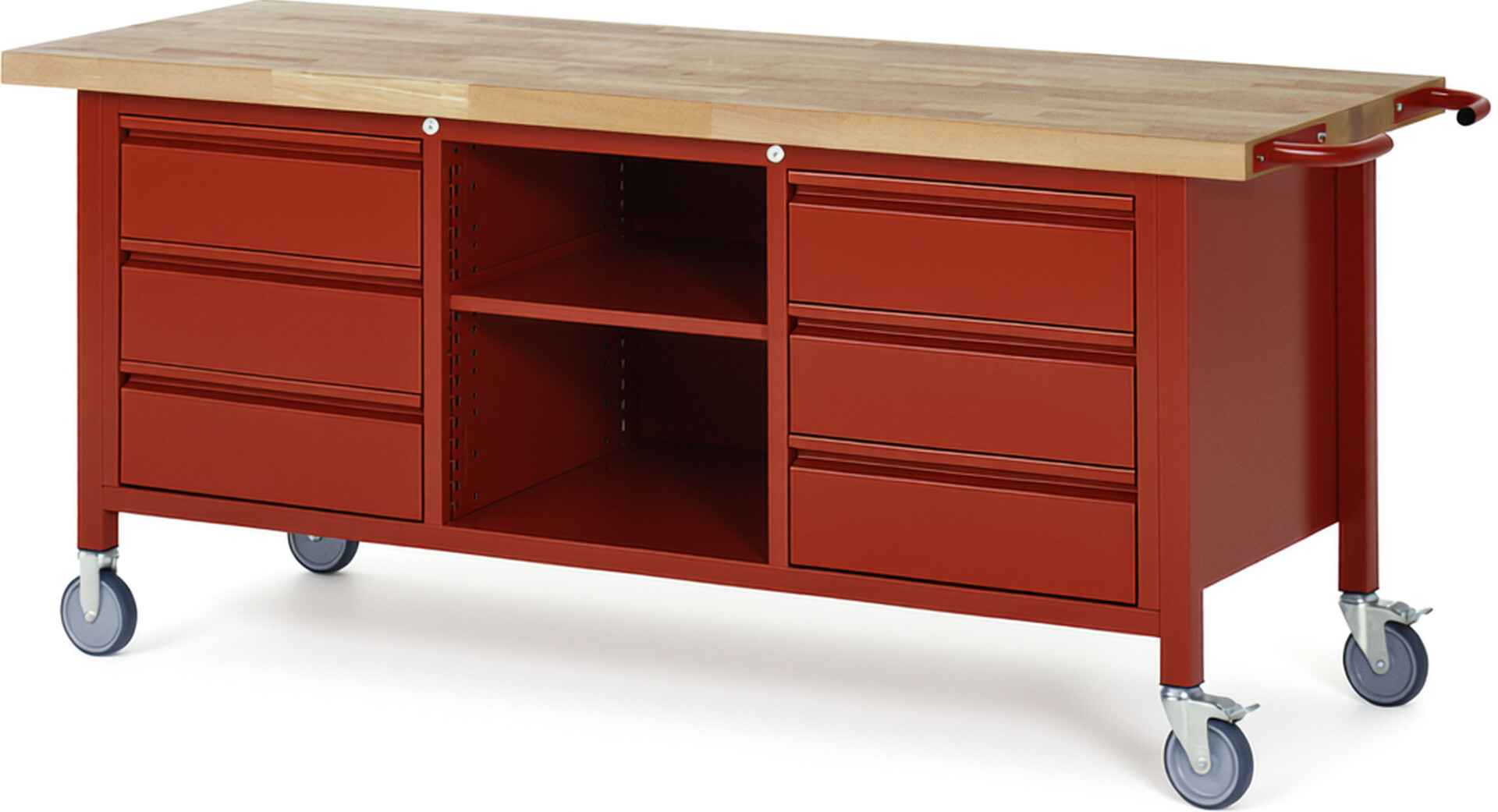 Fahrbare Werkbank - Modell 8581 BASIC rot, BxTxH 2000x700x880 mm,  Buche-Massiv Arbeitsplatte 40 mm,  6 Schubladen mit  Auszug 90 %