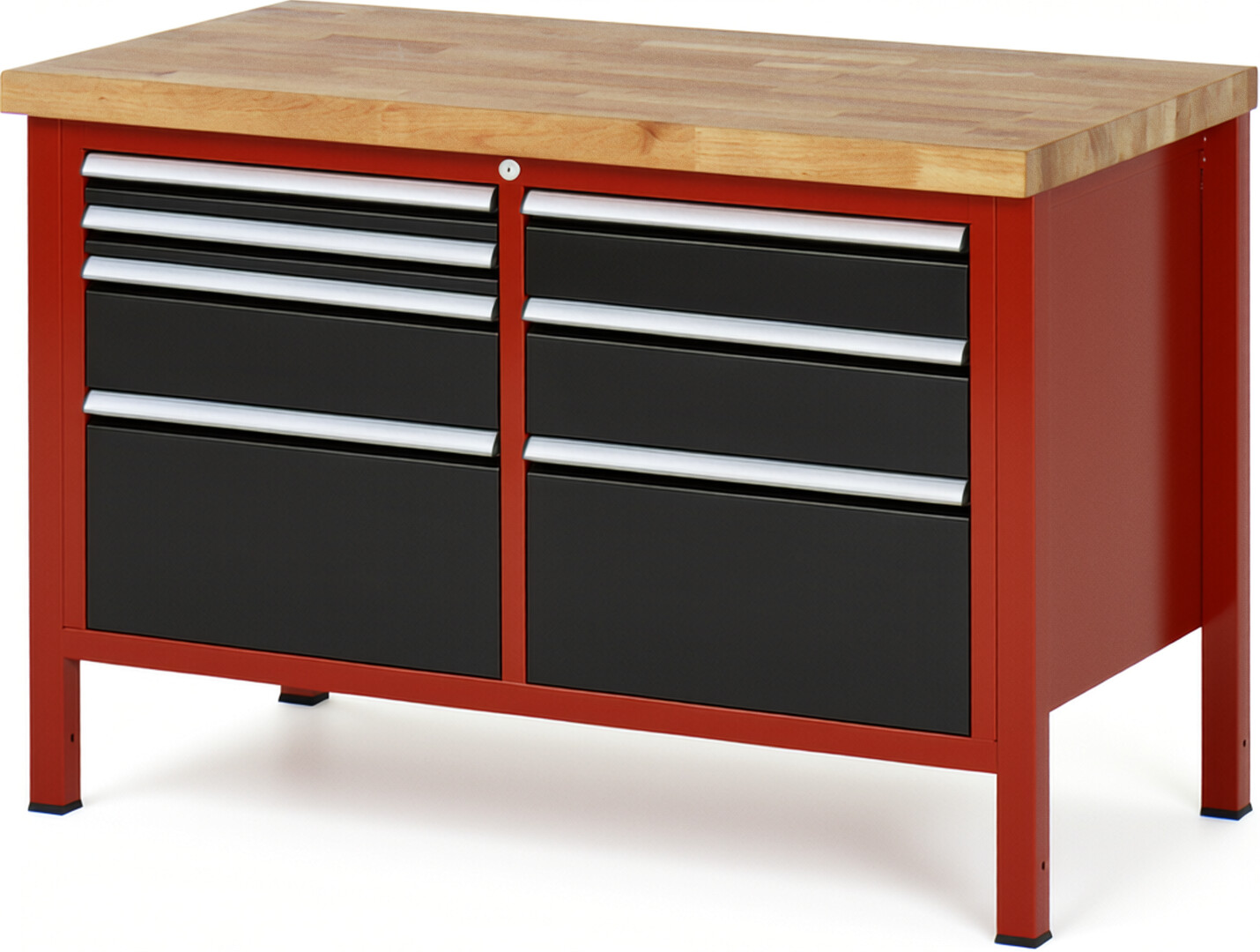Werkbank Modell 8476 rot - schwarz, BxTxH 1250x700x840 mm,  Buche-Massiv Arbeitsplatte 40 mm,  7 Schubladen mit  Auszug 90 %