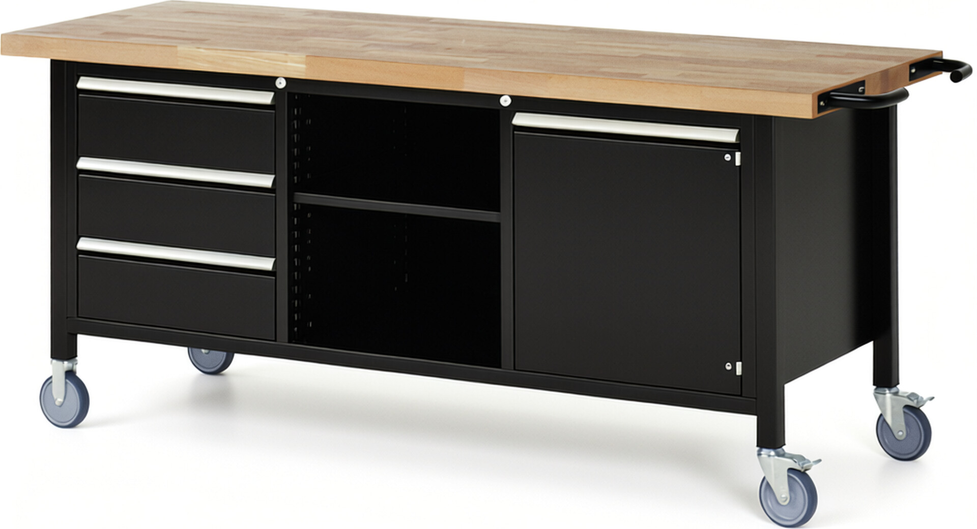 Fahrbare Werkbank Modell 8563 schwarz, BxTxH 2000x700x880-1080 mm,  Buche-Massiv Arbeitsplatte 40 mm,  3 Schubladen mit  Auszug 90 %