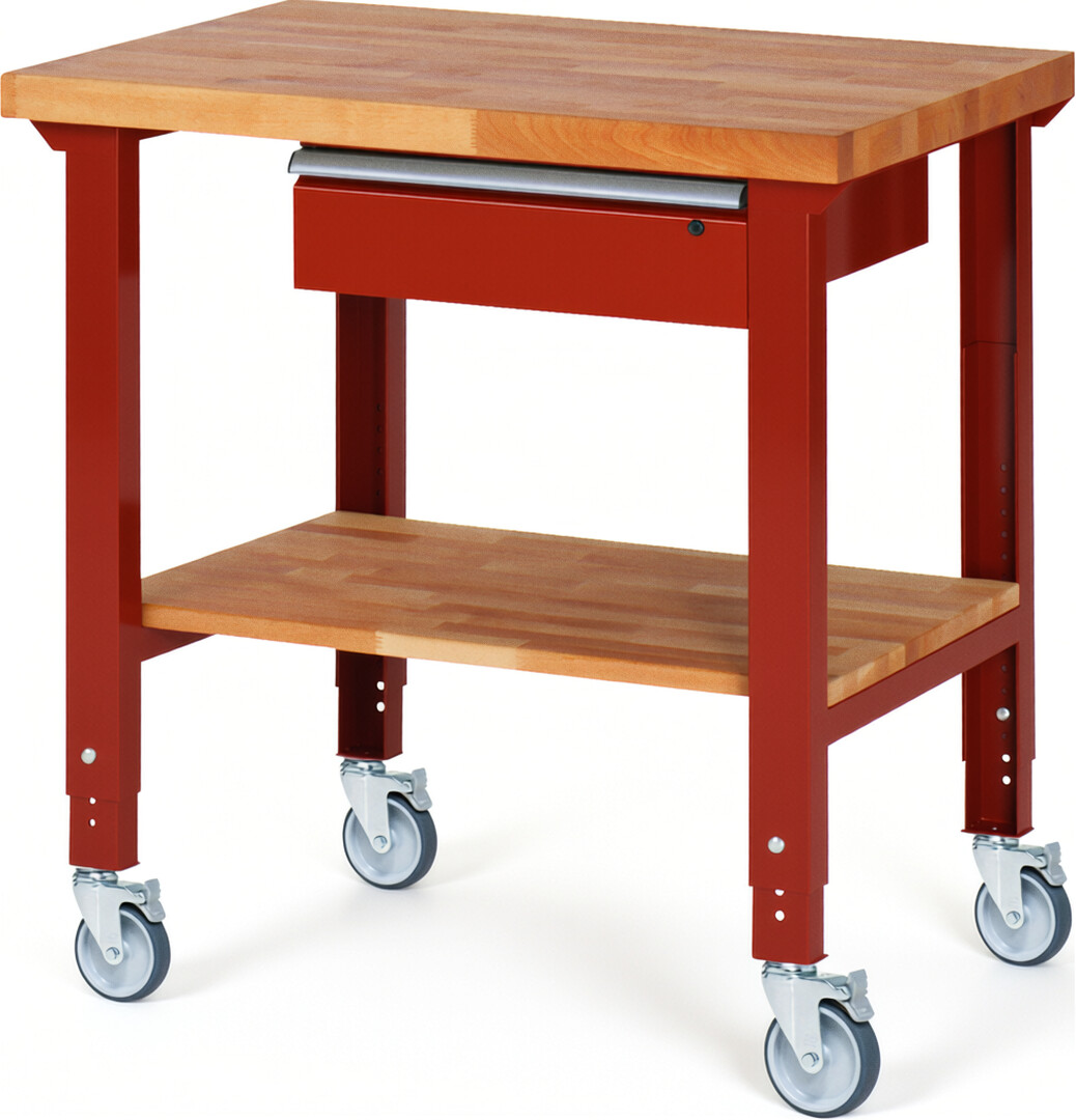 Fahrbare Werkbank Modell 7001 rot, BxTxH 1000x700x950-1000 mm,  Buche-Massiv Arbeitsplatte 40 mm,  1 Schublade mit  Auszug 90 %