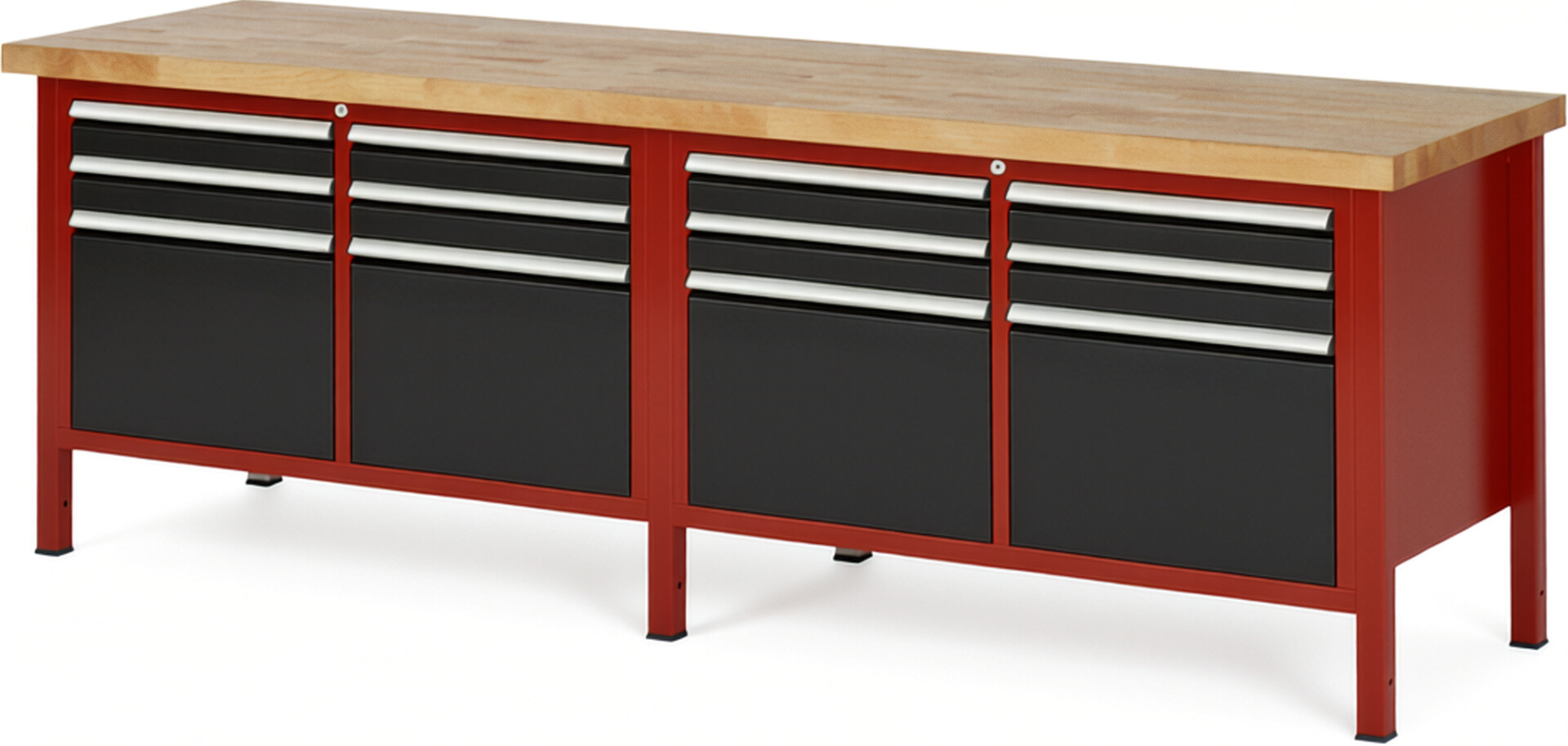 Werkbank Modell 8474 rot - schwarz, BxTxH 2500x700x840 mm,  Buche-Massiv Arbeitsplatte 40 mm,  12 Schubladen mit  Vollauszug 100 % und  SoftClosing
