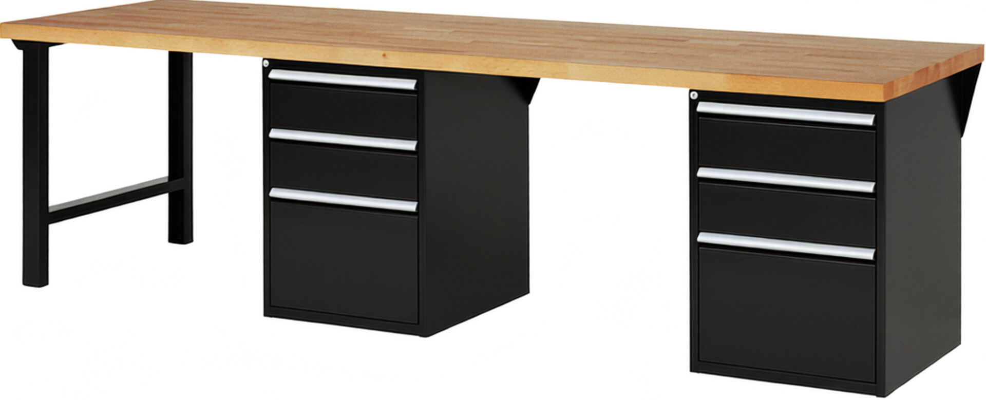 Werkbank Modell 7507 schwarz, BxTxH 3000x900x840 mm,  Buche-Massiv Arbeitsplatte 40 mm,  6 Schubladen mit  Vollauszug 100 % und  SoftClosing