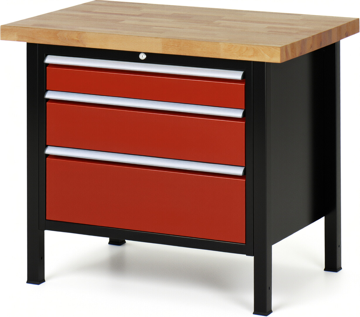 RAU Werkbank schwarz - rot - Breite 100 cm - Tiefe 70 cm - Höhe 104 cm - Buche-Massiv Arbeitsplatte 40 mm