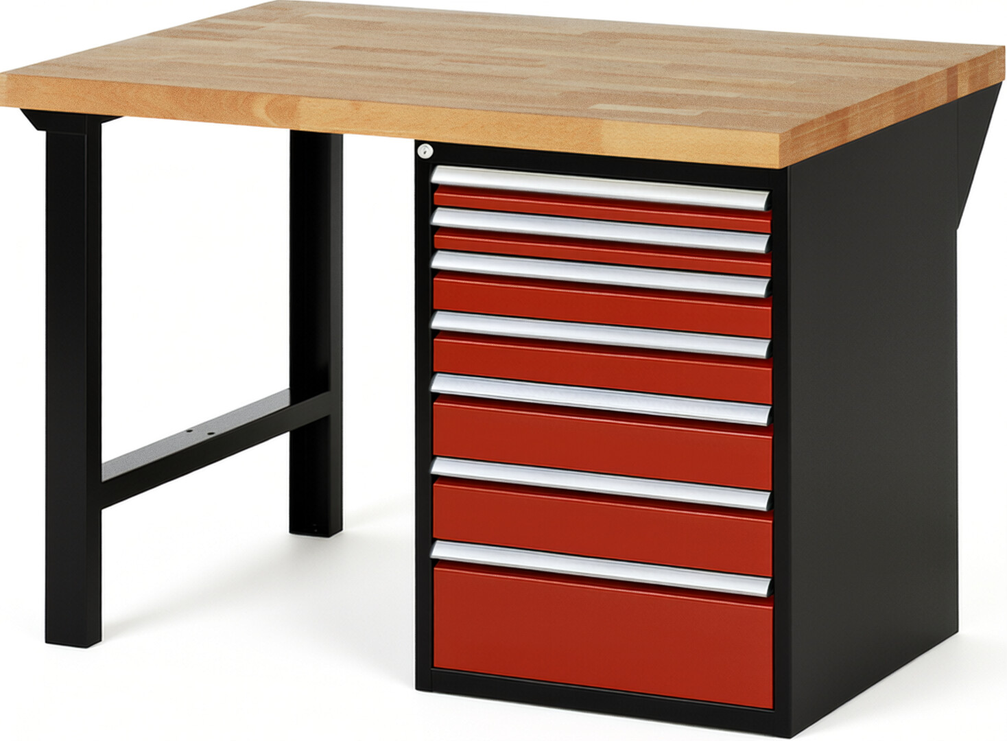 RAU Werkbank schwarz - rot - Breite 125 cm - Tiefe 90 cm - Höhe 89 cm - Buche-Massiv Arbeitsplatte 40 mm