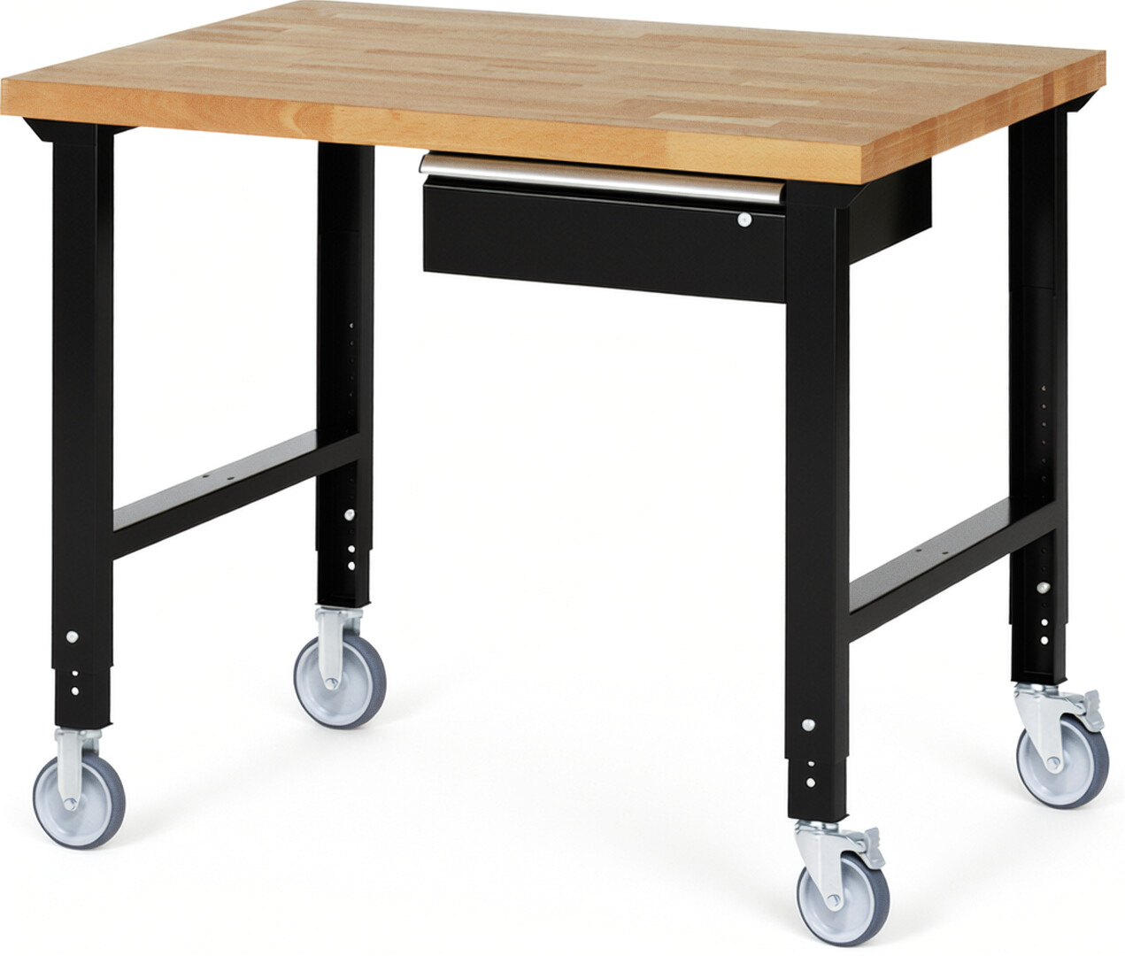 Fahrbare Werkbank Modell 7001 schwarz, BxTxH 1250x900x950-1000 mm,  Buche-Massiv Arbeitsplatte 40 mm,  1 Schublade mit  Auszug 90 %