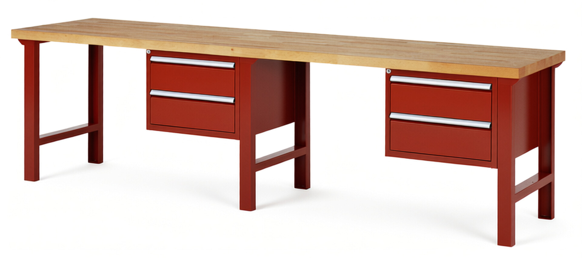 Werkbank Modell 7125 rot, BxTxH 3000x700x840 mm,  Buche-Massiv Arbeitsplatte 40 mm,  4 Schubladen mit  Vollauszug 100 % und  SoftClosing