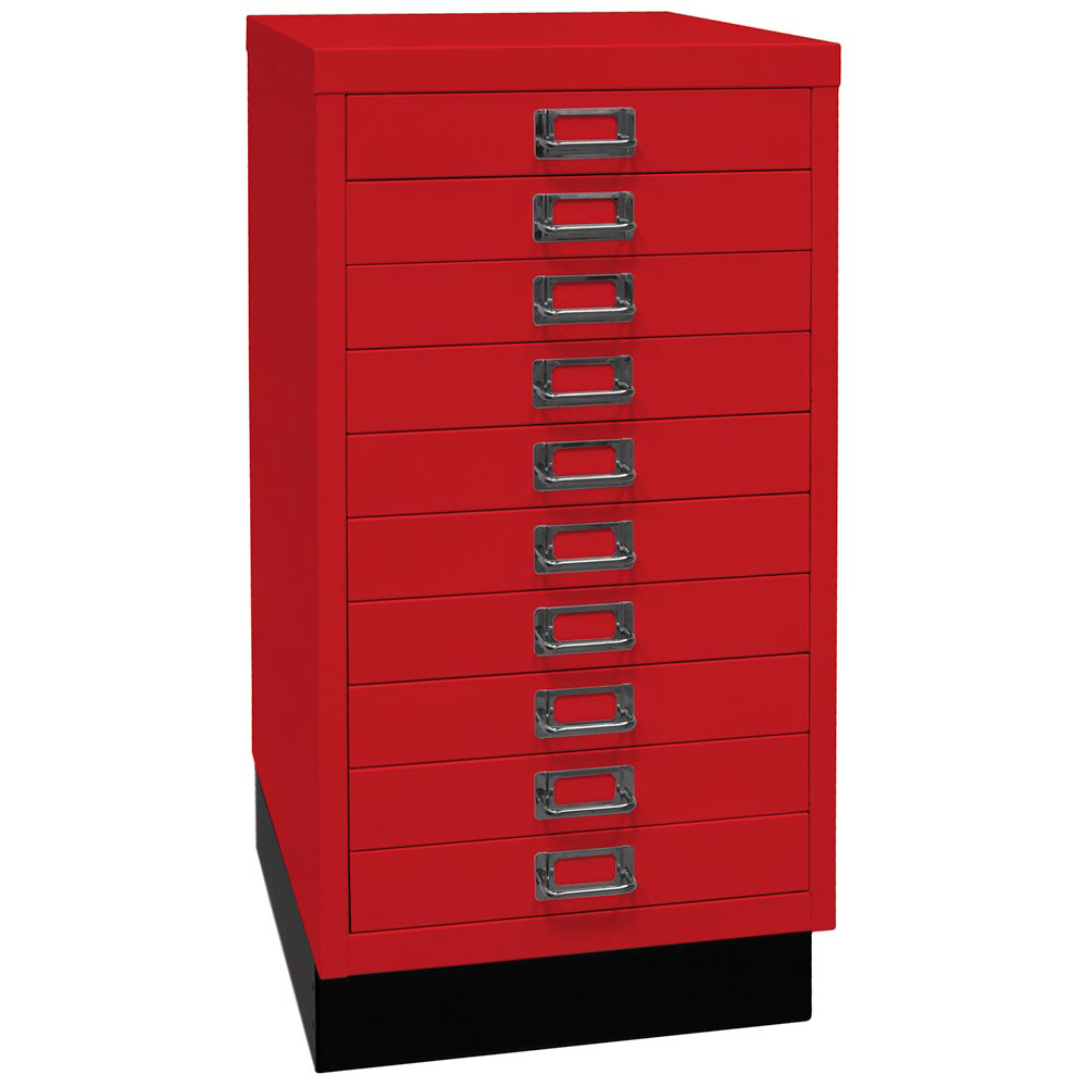 Schubladenschrank aus Stahl, BxTxH 349x432x670 mm, 10 Schubladen 51 mm, DIN A3, Sockel 80 mm hoch, kardinalrot