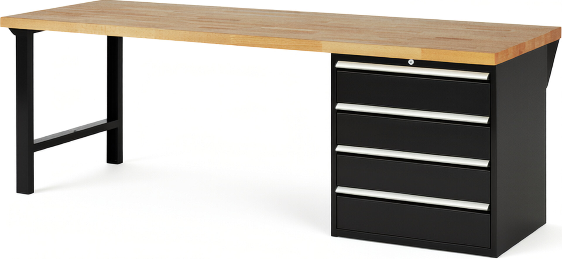 Werkbank Modell 7609 schwarz, BxTxH 2500x900x890 mm,  Buche-Massiv Arbeitsplatte 40 mm,  4 Schubladen mit  Vollauszug 100 % und  SoftClosing