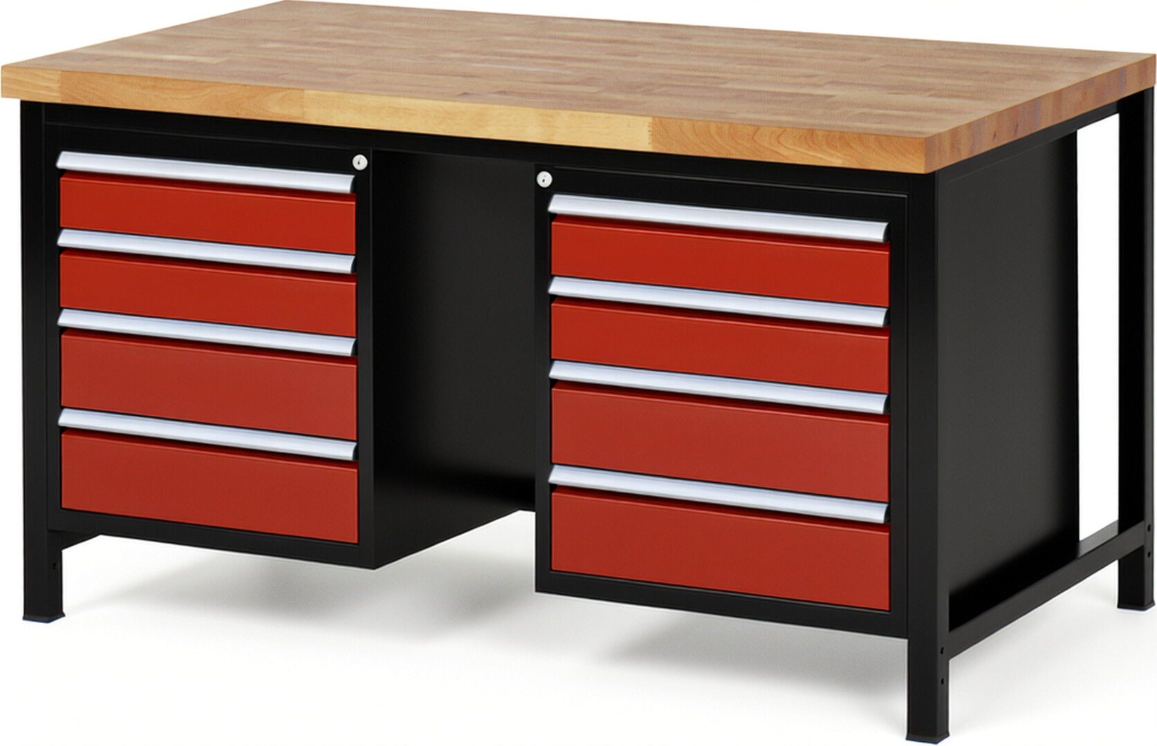 RAU Werkbank schwarz - rot - Breite 150 cm - Tiefe 90 cm - Höhe 104 cm - Buche-Massiv Arbeitsplatte 40 mm