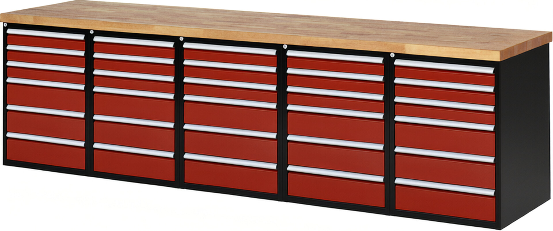 RAU Werkbank schwarz - rot - Breite 300 cm - Tiefe 70 cm - Höhe 89 cm - Buche-Massiv Arbeitsplatte 40 mm