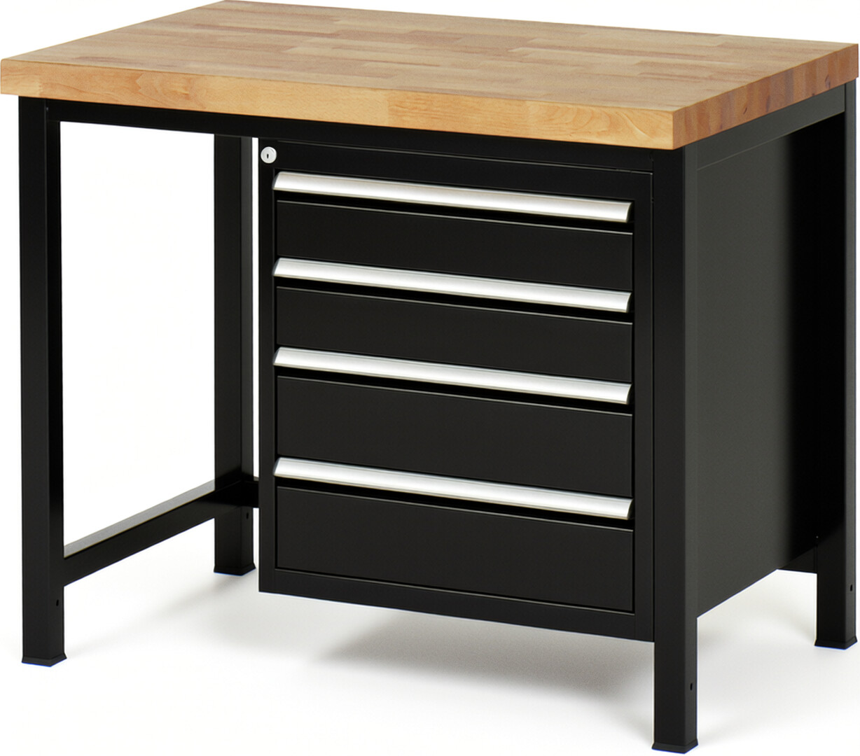Werkbank Modell 8162 schwarz, BxTxH 1000x700x840-1040 mm,  Buche-Massiv Arbeitsplatte 40 mm,  4 Schubladen mit  Auszug 90 %