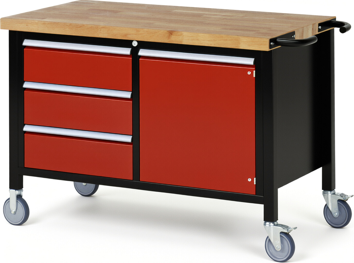 RAU Werkbank schwarz - rot - Breite 125 cm - Tiefe 70 cm - Höhe 88 cm - Buche-Massiv Arbeitsplatte 40 mm