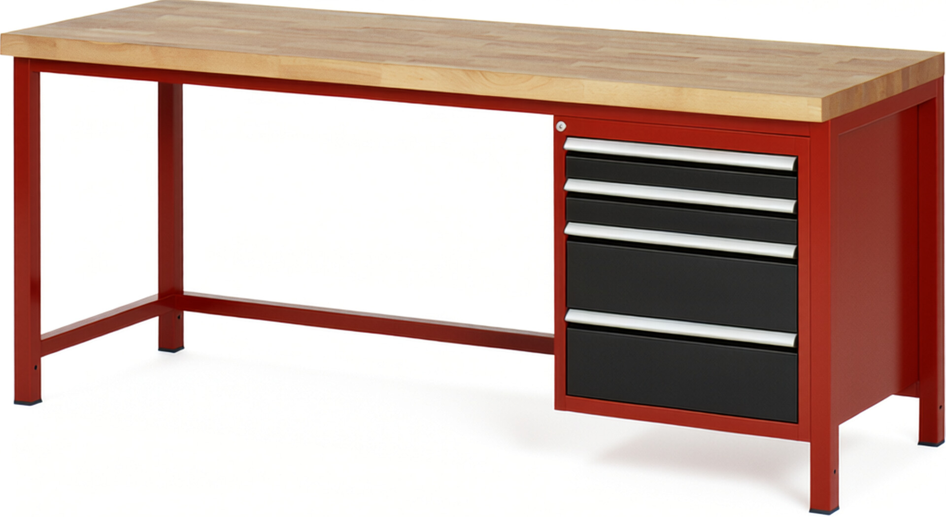 Werkbank Modell 8161 rot - schwarz, BxTxH 2000x700x840 mm,  Buche-Massiv Arbeitsplatte 40 mm,  4 Schubladen mit  Auszug 90 %
