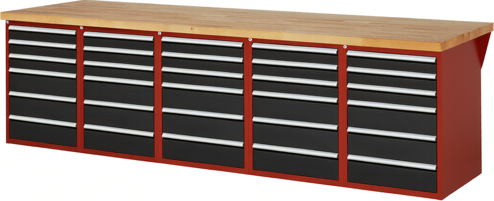 Werkbank Modell 7515 rot - schwarz, BxTxH 3000x900x890 mm,  Buche-Massiv Arbeitsplatte 40 mm,  30 Schubladen mit  Auszug 90 %