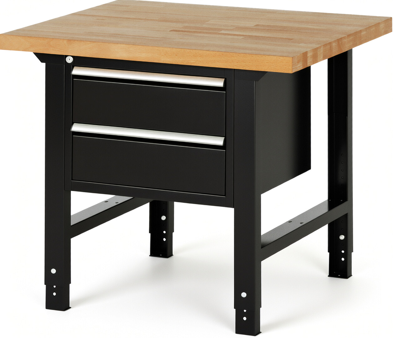 Werkbank Modell 7125 schwarz, BxTxH 1000x900x790-1140 mm,  Buche-Massiv Arbeitsplatte 40 mm,  2 Schubladen mit  Auszug 90 %