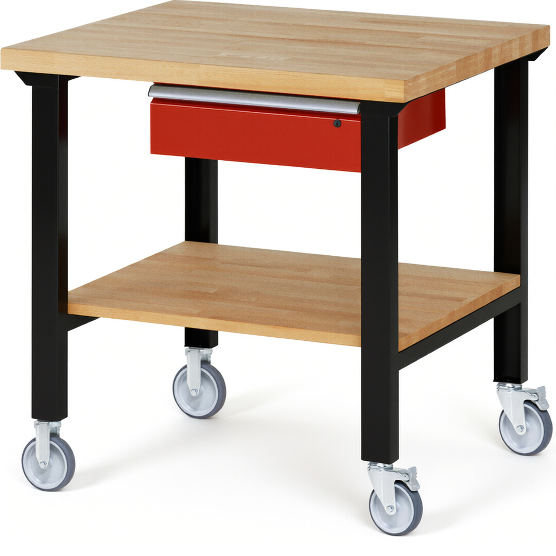 RAU Werkbank schwarz - rot - Breite 100 cm - Tiefe 90 cm - Höhe 100 cm - Buche-Massiv Arbeitsplatte 40 mm