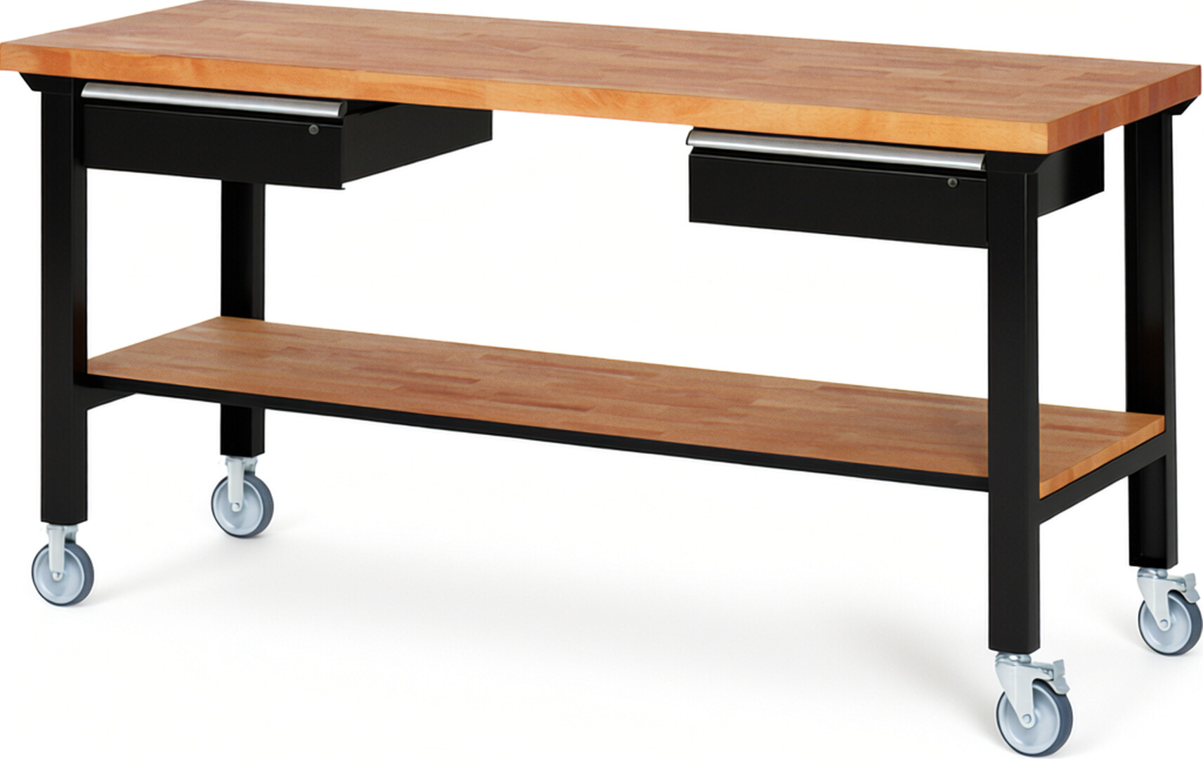 Fahrbare Werkbank Modell 7002 schwarz, BxTxH 2000x700x1000 mm,  Buche-Massiv Arbeitsplatte 40 mm,  2 Schubladen mit  Auszug 90 %