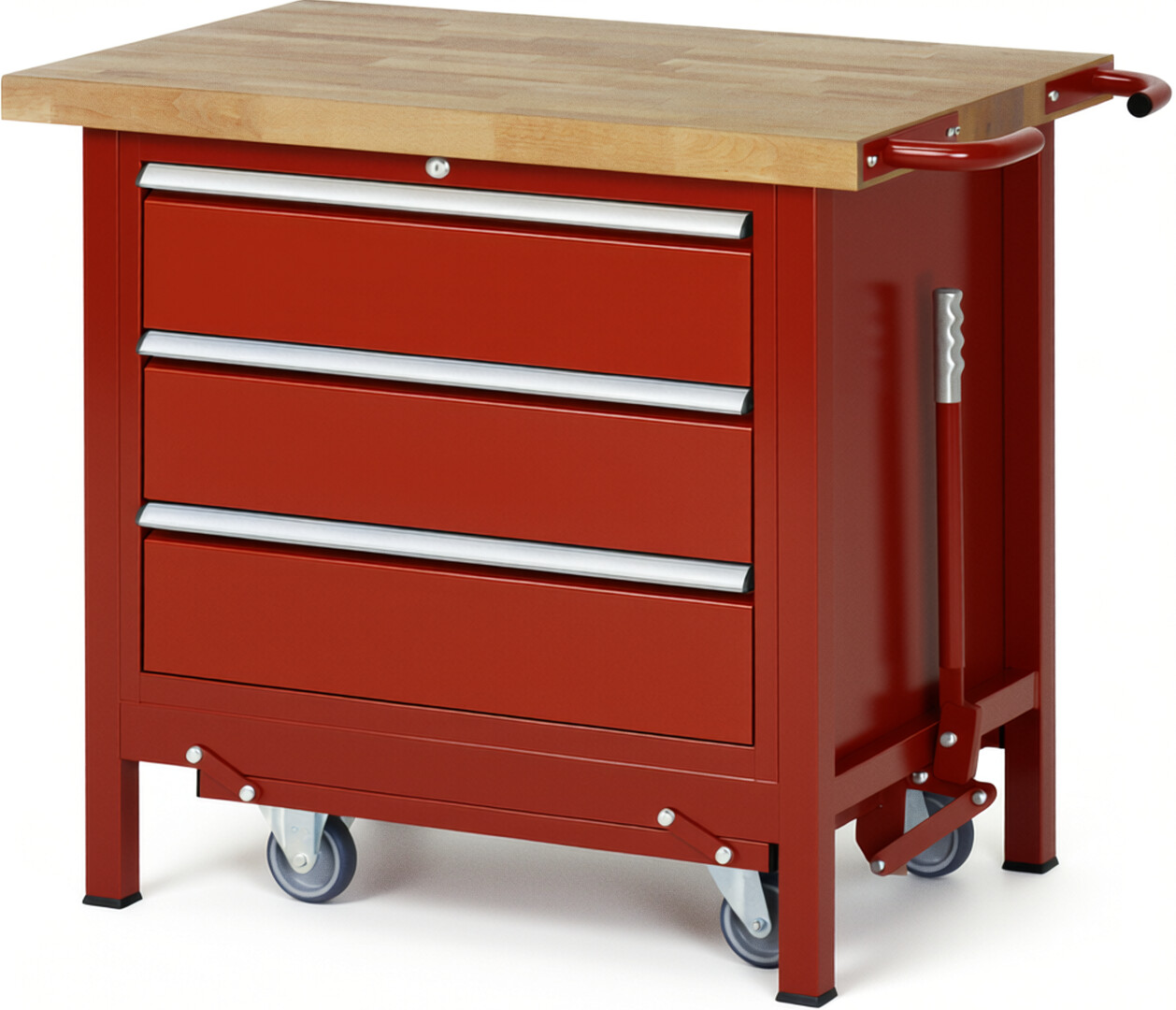Absenkbare Werkbank Modell 8257 rot, BxTxH 1000x700x880 mm,  Buche-Massiv Arbeitsplatte 40 mm,  3 Schubladen mit  Vollauszug 100 % und  SoftClosing