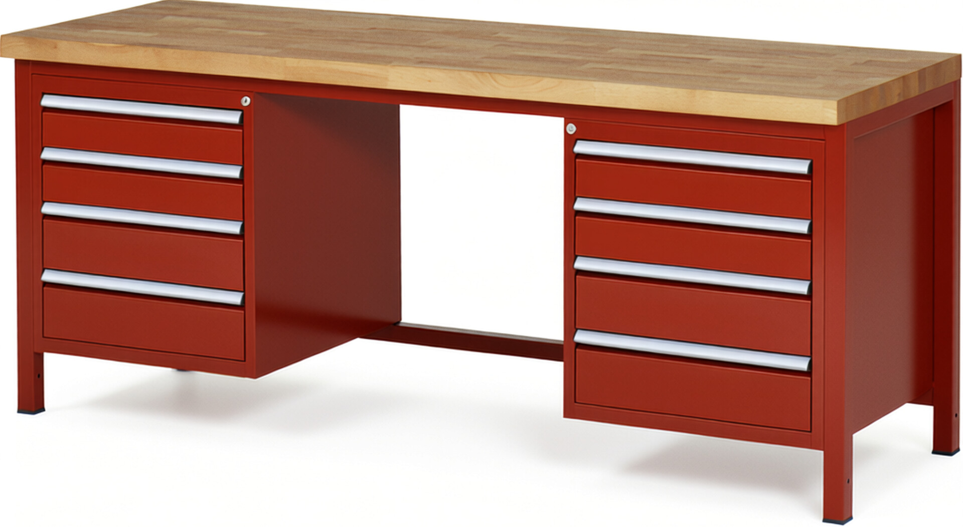 Werkbank Modell 8181 rot, BxTxH 2000x700x840-1040 mm,  Buche-Massiv Arbeitsplatte 40 mm,  8 Schubladen mit  Auszug 90 %
