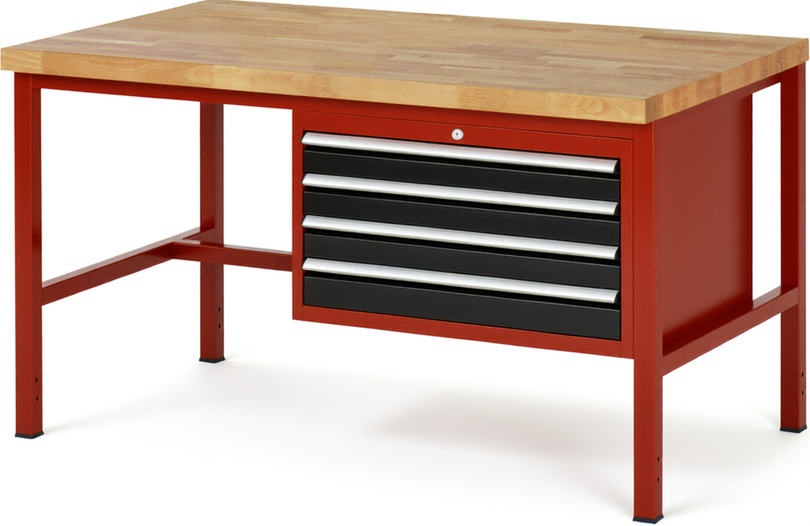 Werkbank Modell 8233 rot - schwarz, BxTxH 1500x900x840 mm,  Buche-Massiv Arbeitsplatte 40 mm,  4 Schubladen mit  Vollauszug 100 % und  SoftClosing