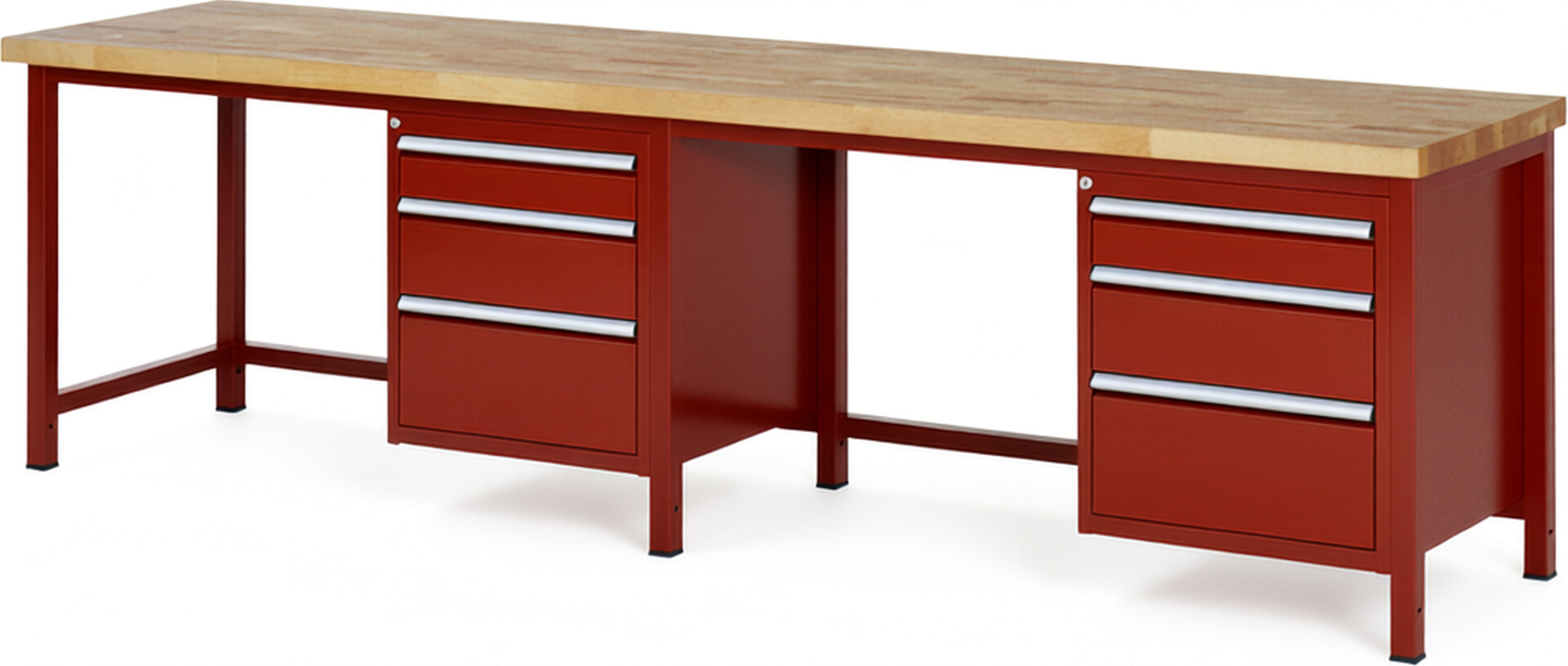 Werkbank Modell 8159 rot, BxTxH 3000x700x840-1040 mm,  Buche-Massiv Arbeitsplatte 40 mm,  6 Schubladen mit  Auszug 90 %