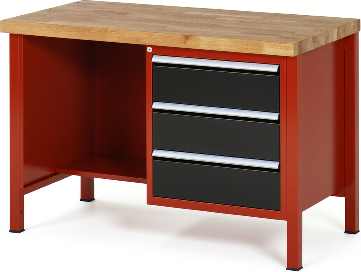 Werkbank Modell 8452 rot - schwarz, BxTxH 1250x700x840 mm,  Buche-Massiv Arbeitsplatte 40 mm,  3 Schubladen mit  Vollauszug 100 % und  SoftClosing