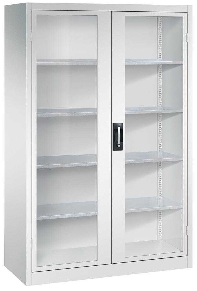 C+P Großraum Werkzeugschrank, Materiallager, Stahlschrank mit Sichtfenstertüren, 4 Fachböden, Farbe lichtgrau, 1.950 x 1.200 x 500 (HxBxT)
